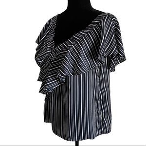 J.O.A Blouse Size Large Navy Blue and White Striped One Shoulder